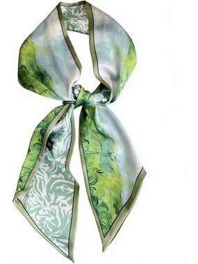 Women's Green White Print Stylish Satin Headscarf Wrap Lightweight Scarves Scarf